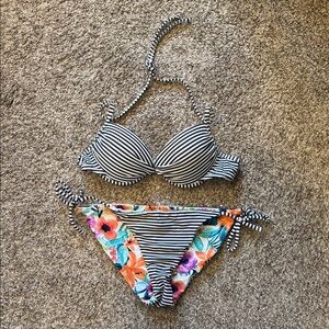 Hot Water Blue and White Striped Bikini with Floral Accents